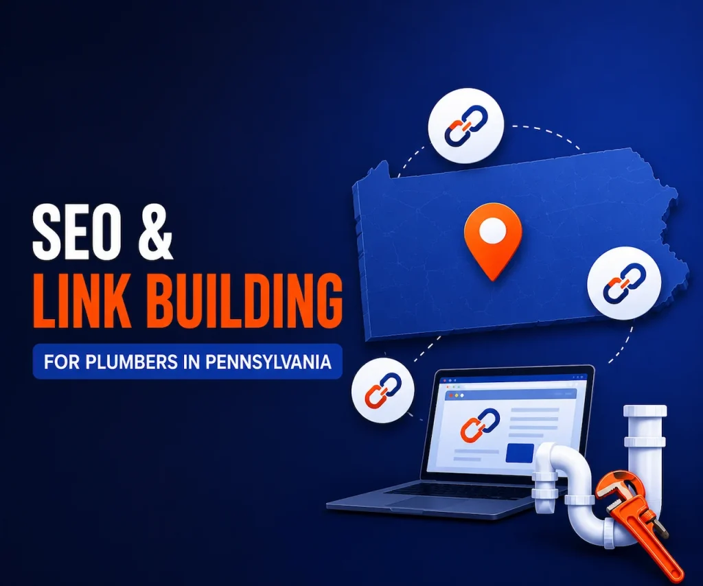 Off-page SEO and link building for plumbers in Pennsylvania with backlink icons, Pennsylvania map, laptop, and plumbing