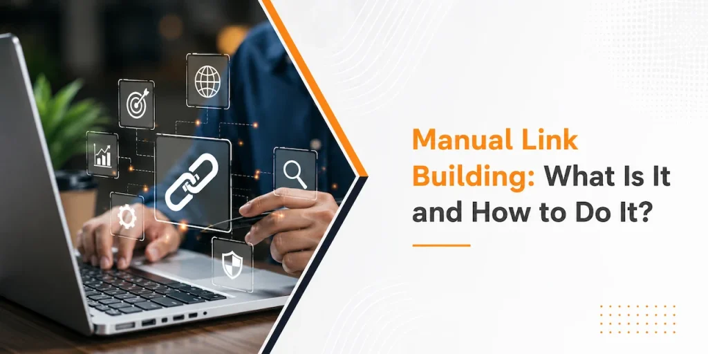 Professional manual link building illustration with laptop, backlink icon, SEO analytics, search, and website optimization concept
