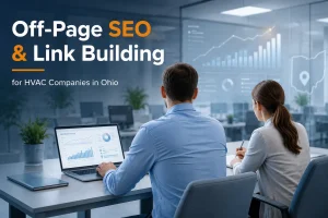 Off-page SEO and link building for HVAC companies in Ohio with professionals analyzing SEO performance and backlink strategy.