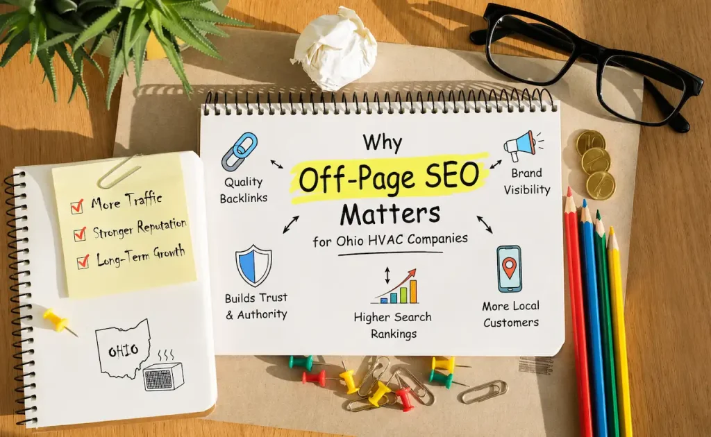 Why off-page SEO matters for Ohio HVAC companies featuring backlink strategy, local SEO, authority, and higher search rankings.