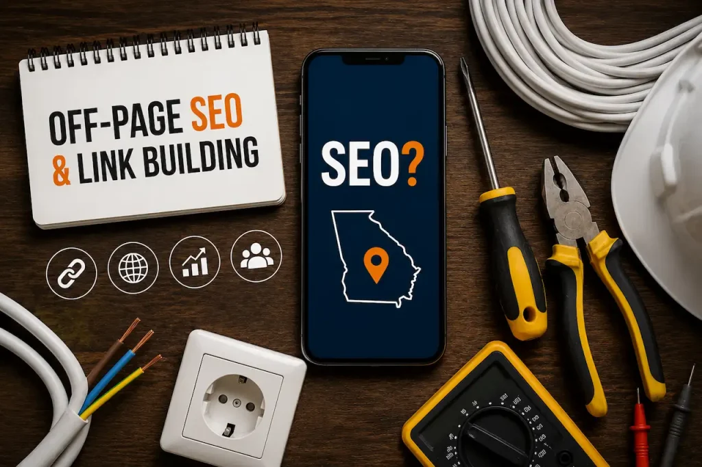 Off-page SEO and link building for electricians in Georgia featuring SEO smartphone, electrician tools, and digital marketing icons.