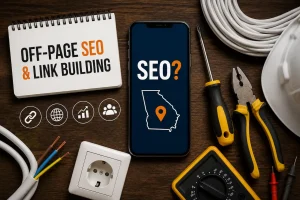 Off-page SEO and link building for electricians in Georgia featuring SEO smartphone, electrician tools, and digital marketing icons.