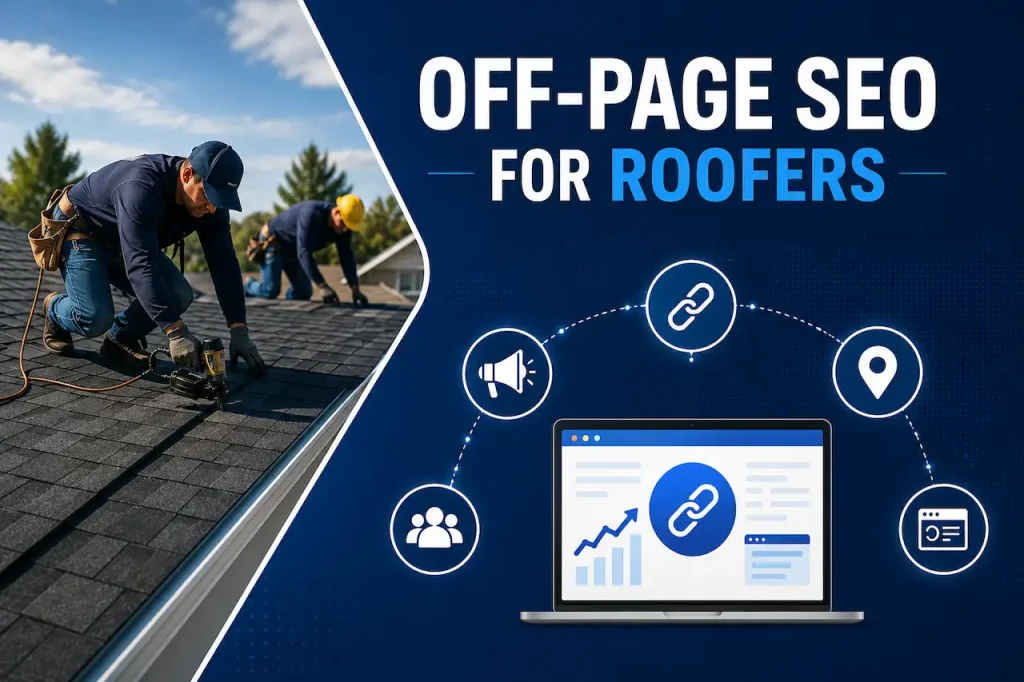 Off-page SEO for roofers with roofing professionals, backlink icons, SEO dashboard, and digital marketing strategy illustration.