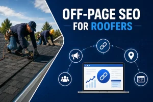 Off-page SEO for roofers with roofing professionals, backlink icons, SEO dashboard, and digital marketing strategy illustration.