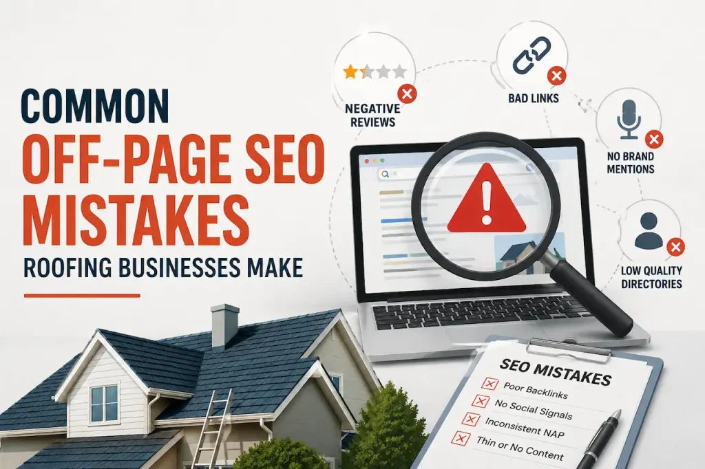 Illustration of common off-page SEO mistakes for roofing businesses with backlink errors, reviews, and website SEO audit concept