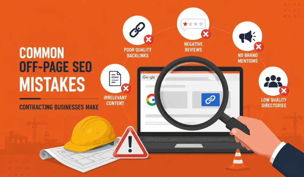 Illustration of common off-page SEO mistakes for contracting businesses with poor backlinks, reviews, directories, and SEO audit.