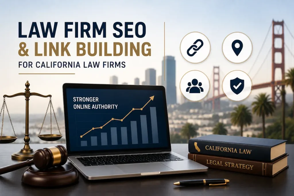 Off-page SEO and link building for California law firms with legal branding, SEO dashboard, authority building, and backlink strategy
