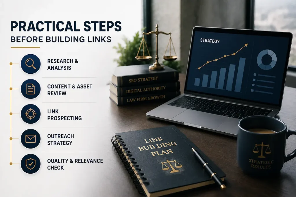 Professional link building strategy illustration showing practical steps before building links, including research, content review, outreach, and quality analysis.