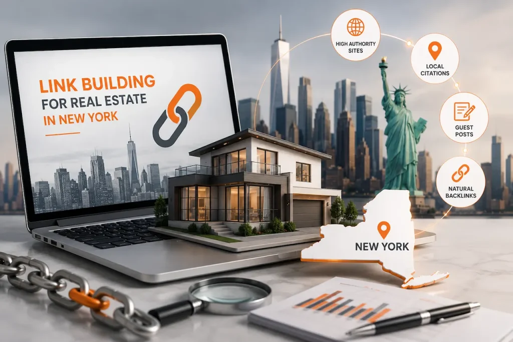 Off-page SEO link building visual for New York real estate agents with laptop, home model, skyline, and backlink icons.