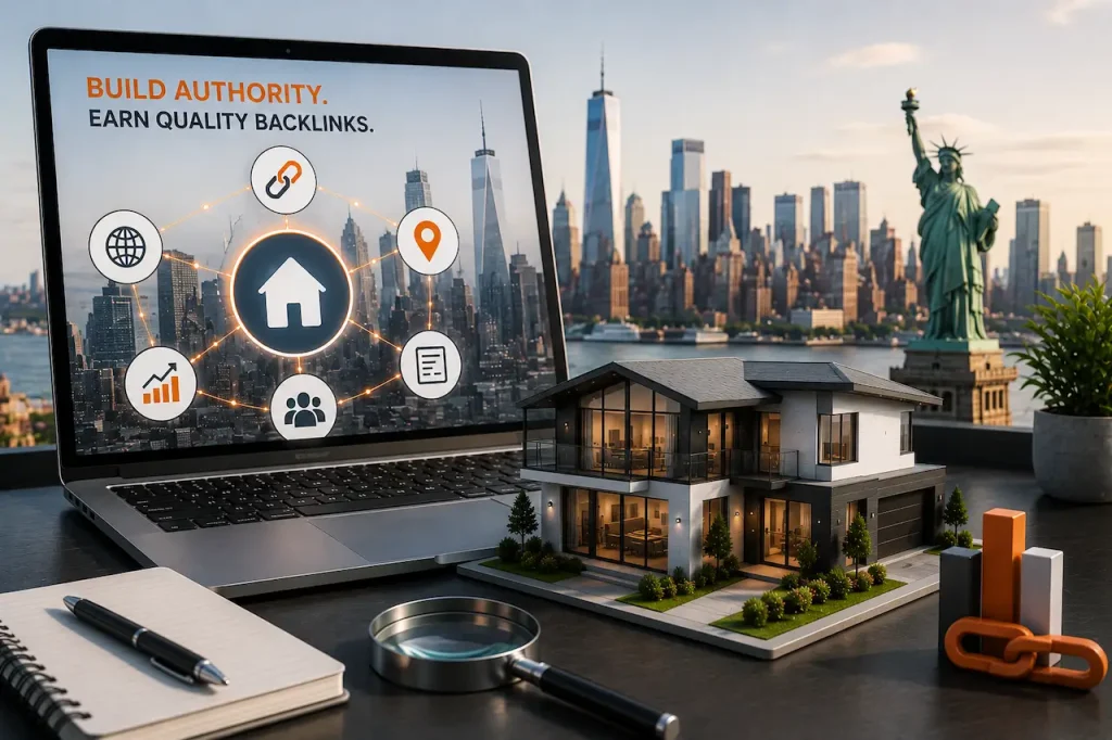 Modern real estate SEO link building visual with New York skyline, laptop, house model, and backlink authority icons.
