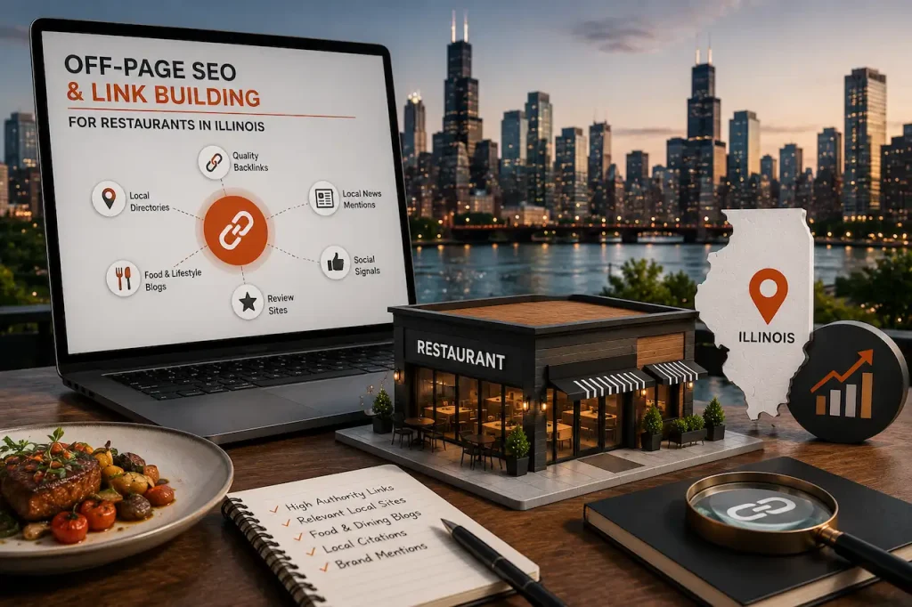 Off-page SEO and link building concept for Illinois restaurants with laptop, restaurant model, skyline, backlink strategy, and growth icons.