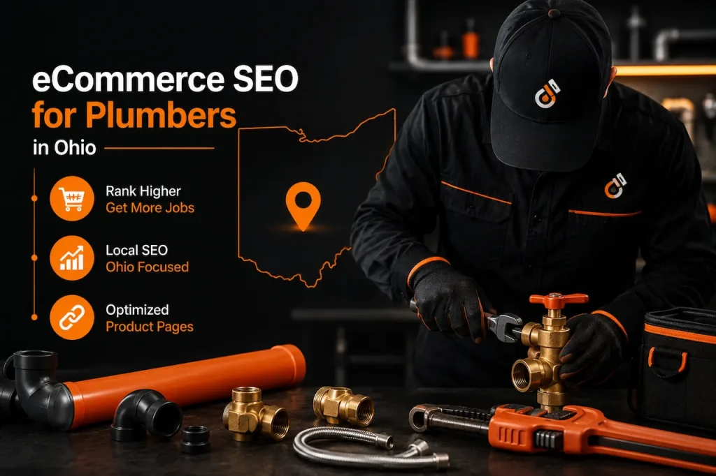 eCommerce SEO for Ohio plumbers with a faceless technician, plumbing tools, black and orange branding, and local search optimization graphics.