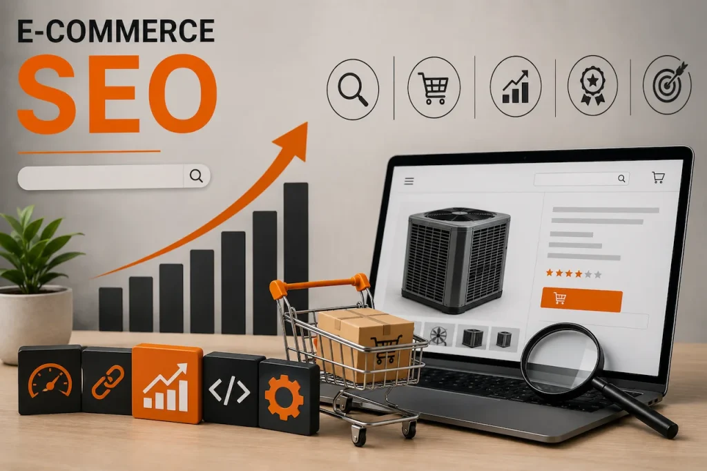 eCommerce SEO services illustration with HVAC product page, shopping cart, SEO icons, analytics, and orange-black branding elements.