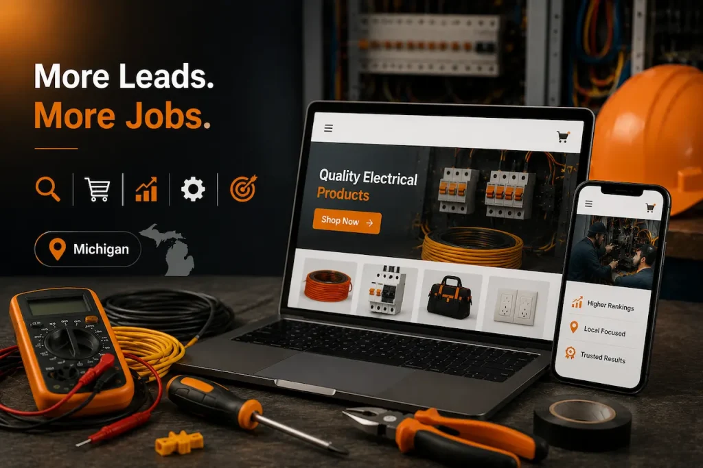 eCommerce SEO for Michigan electricians featuring electrical tools, product listings, growth graphics, and black-orange digital marketing visuals.