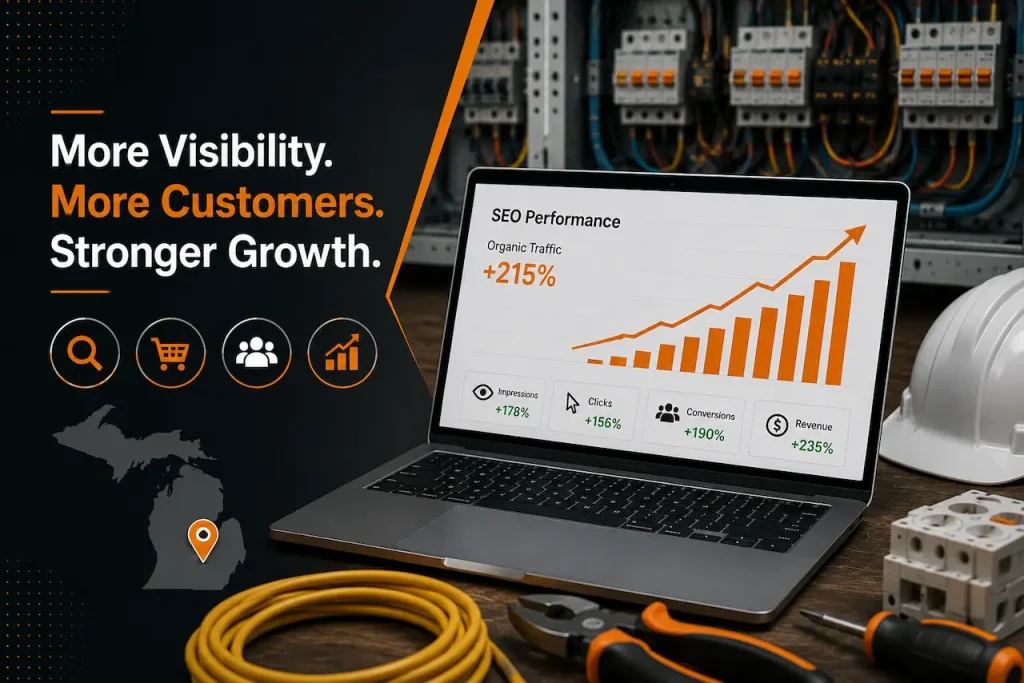 Michigan electrician eCommerce SEO illustration with SEO growth dashboard, laptop analytics, electrical tools, and business growth graphics.