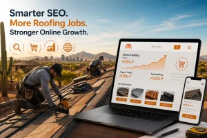 eCommerce SEO for Arizona roofers featuring roof installation, online store growth, SEO analytics, and digital marketing visuals.