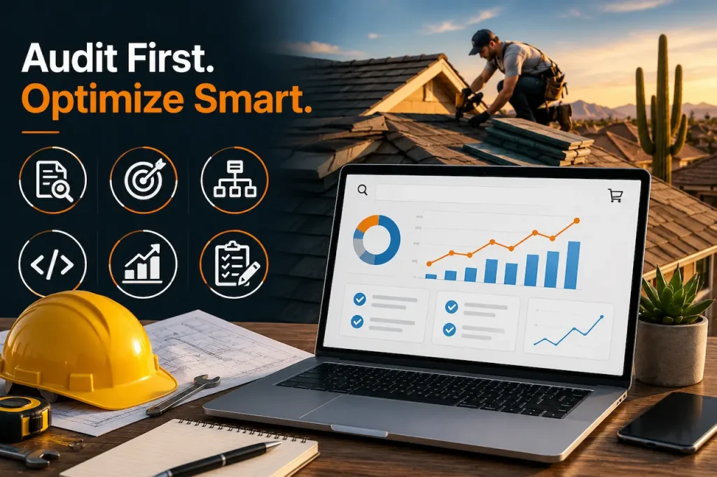 Roofing SEO audit illustration with growth dashboard, rooftop inspection, optimization icons, and Arizona roofing business strategy visuals.