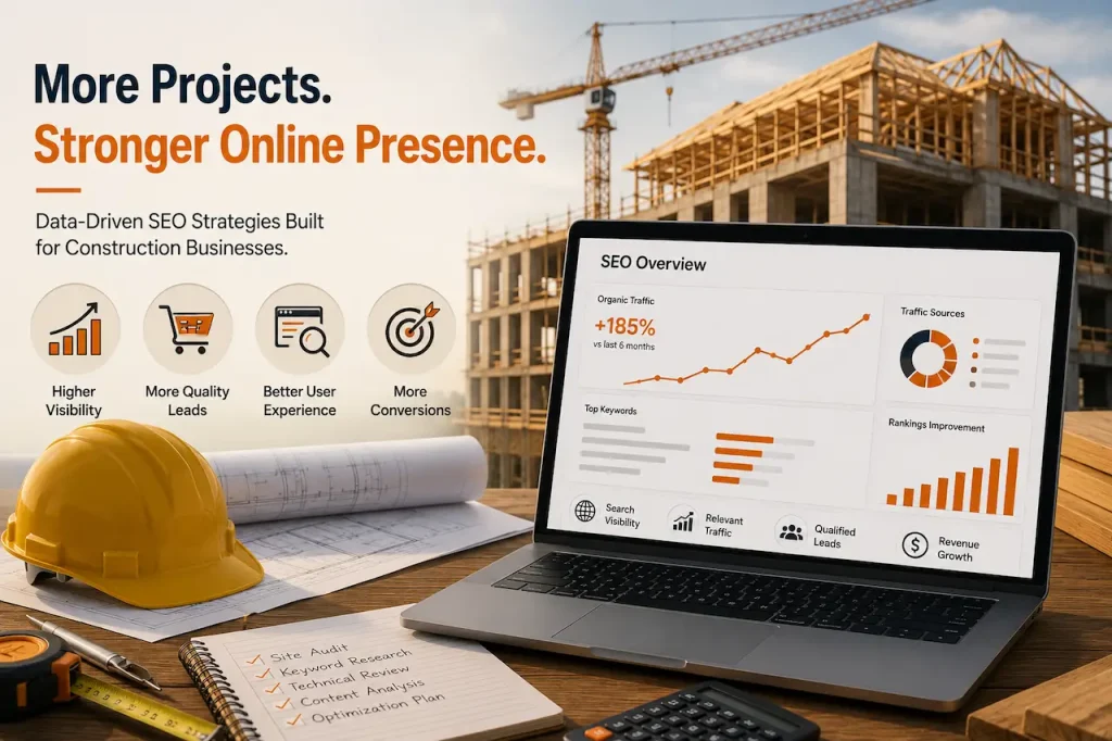Construction SEO strategy illustration with analytics dashboard, building site, blueprints, contractor tools, and online business growth visuals.