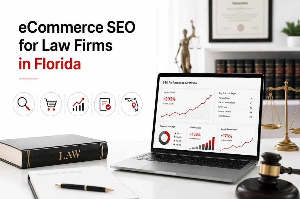 Law firm SEO growth visual with legal office, laptop analytics, justice scales, law book, and Florida-focused marketing icons.