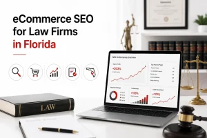 Law firm SEO growth visual with legal office, laptop analytics, justice scales, law book, and Florida-focused marketing icons.