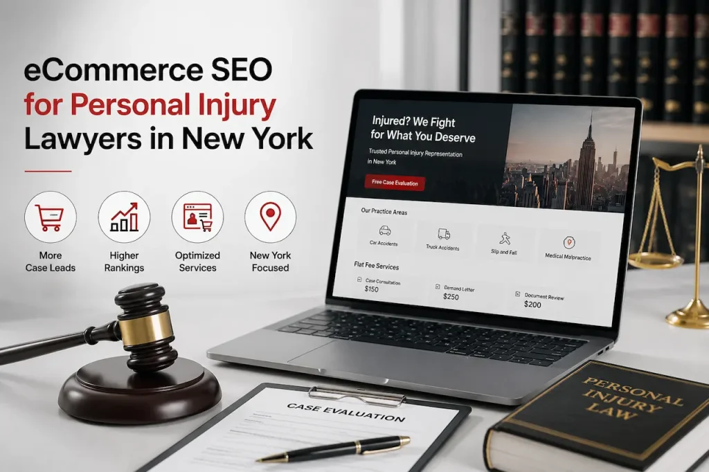 eCommerce SEO for New York personal injury lawyers featuring legal office, laptop analytics, gavel, case management, and growth visuals.