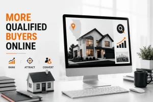 Modern real estate SEO workspace with property analytics, search optimization visuals, and digital marketing growth strategy for agents.