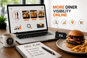 Restaurant eCommerce SEO workspace with food ordering website, search optimization dashboard, and digital marketing strategy.