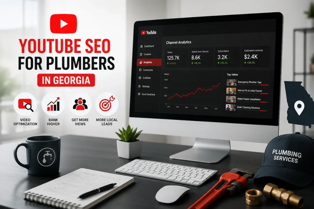YouTube SEO dashboard for plumbing business with video optimization analytics, ranking growth, and local lead generation.