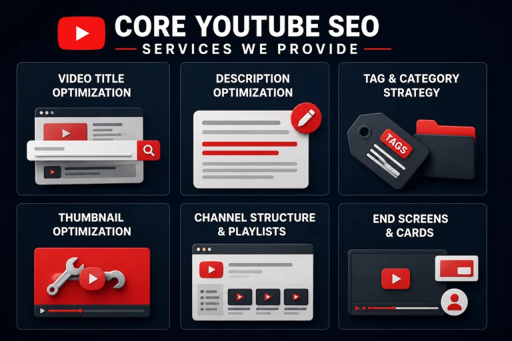 YouTube SEO service icons showing video optimization, thumbnails, playlists, metadata, and channel growth strategy.