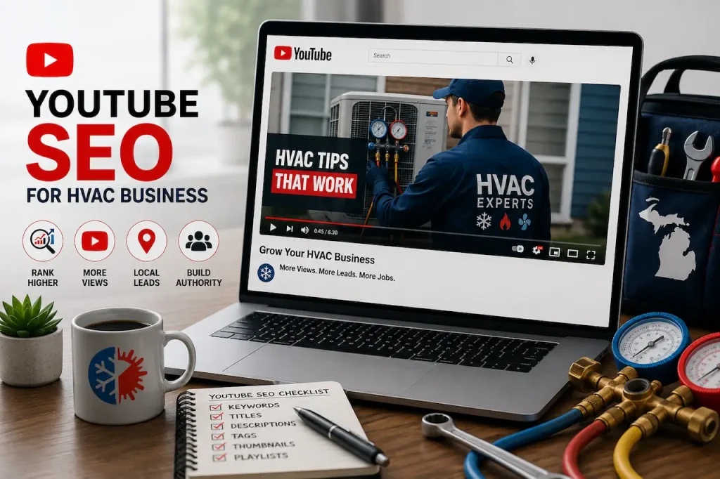 YouTube SEO dashboard for HVAC companies with video optimization, local search strategy, analytics, and lead generation tools.