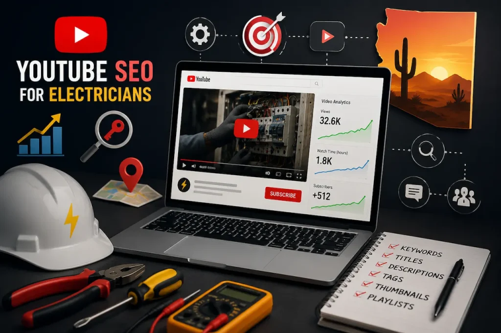 YouTube SEO strategy for electricians featuring video optimization, analytics dashboard, local search growth, and electrical service tools.