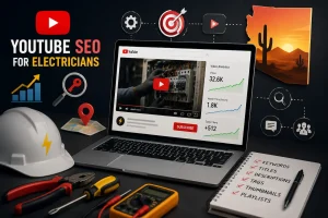 YouTube SEO strategy for electricians featuring video optimization, analytics dashboard, local search growth, and electrical service tools.