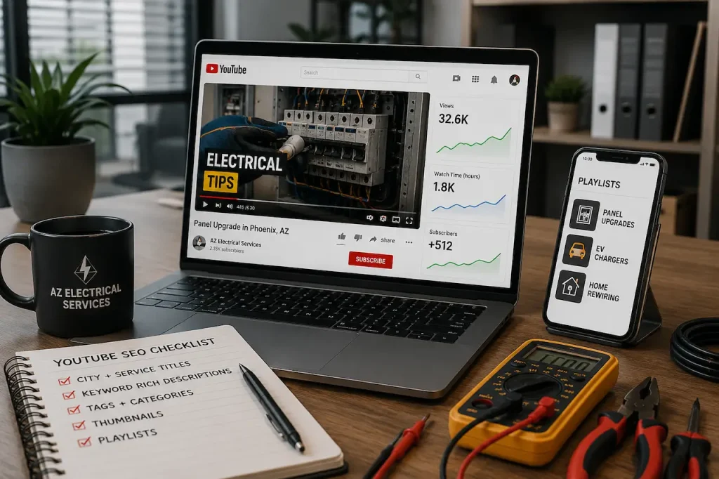 Realistic YouTube SEO workspace for electricians featuring video optimization, electrical tools, analytics dashboard, and local marketing strategy.