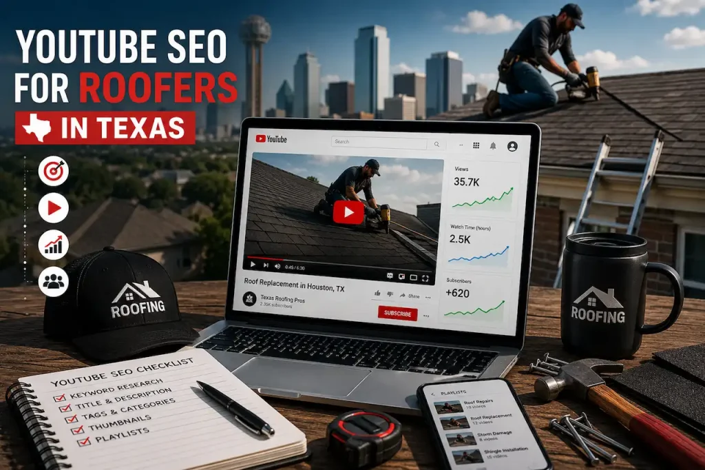 YouTube SEO workspace for roofing companies with video optimization dashboard, roofing tools, analytics, and local marketing strategy.