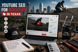 YouTube SEO workspace for roofing companies with video optimization dashboard, roofing tools, analytics, and local marketing strategy.