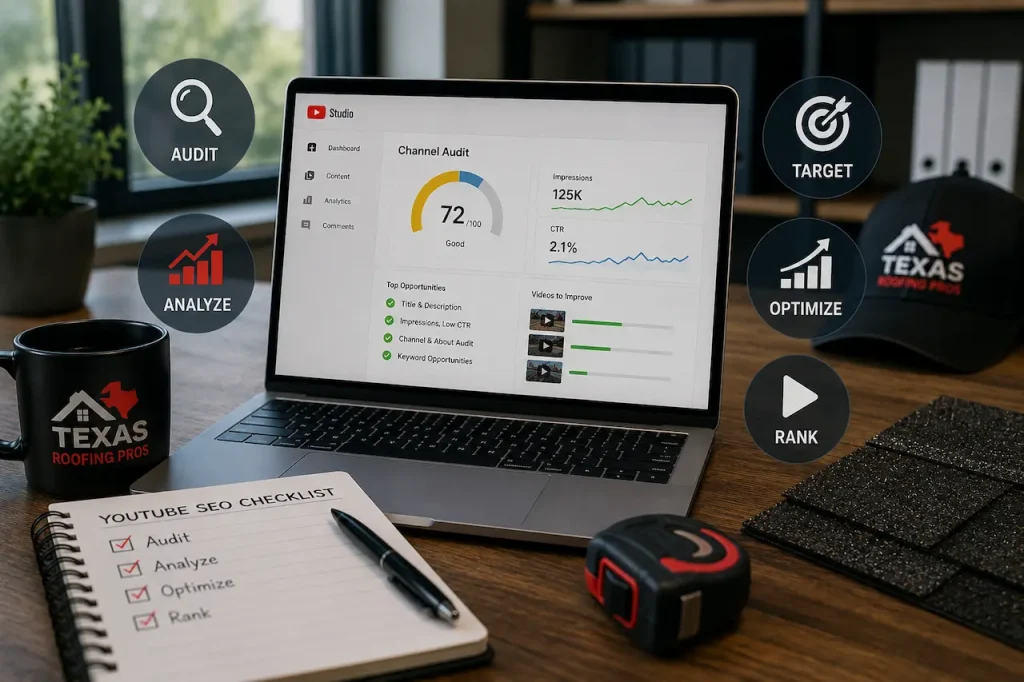 Professional YouTube SEO audit workspace with roofing analytics, video optimization dashboard, keyword research, and channel performance review.