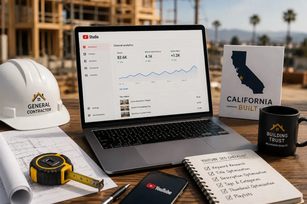 YouTube SEO workspace for general contractors with construction plans, video analytics, keyword optimization, and local marketing strategy.