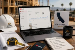 YouTube SEO workspace for general contractors with construction plans, video analytics, keyword optimization, and local marketing strategy.