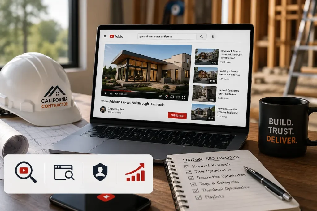YouTube SEO workspace for general contractors featuring construction plans, video analytics, search optimization, and local marketing strategy.