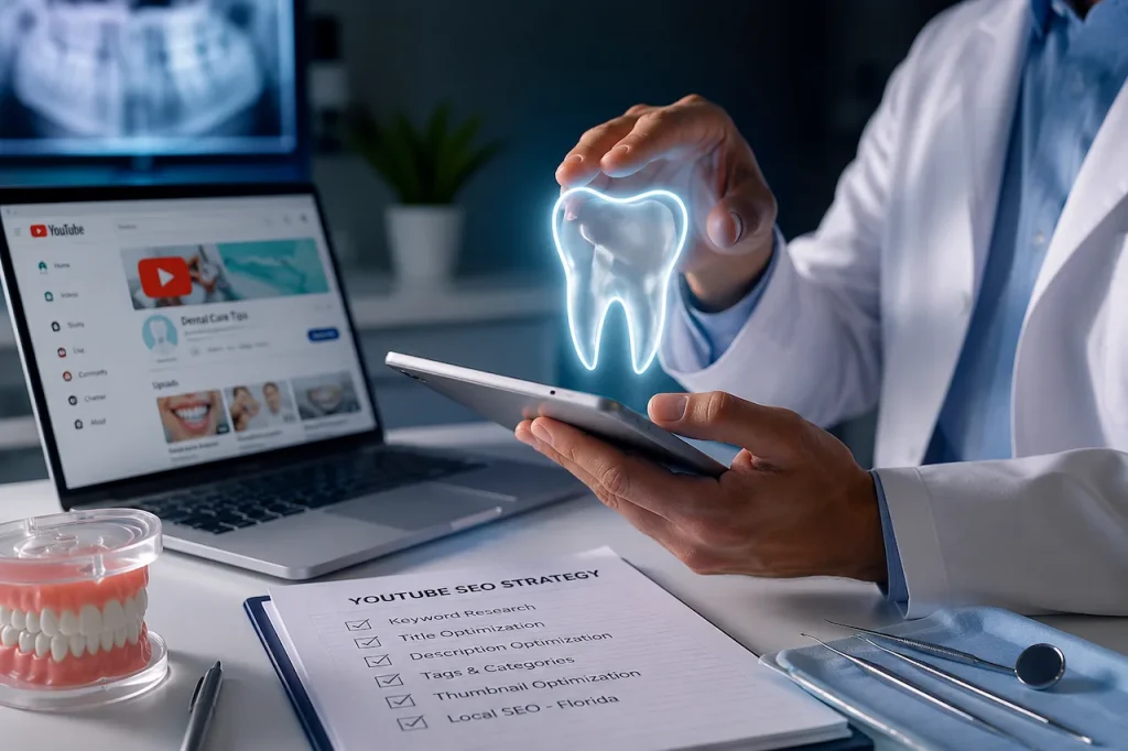 YouTube SEO strategy for dental practices with video optimization, glowing tooth model, content marketing, and patient engagement.