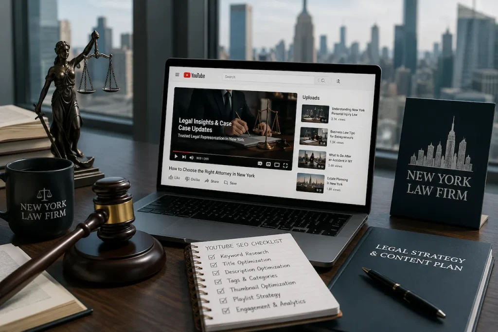 YouTube SEO strategy for law firms with legal content planning, video optimization, search visibility, and client engagement.