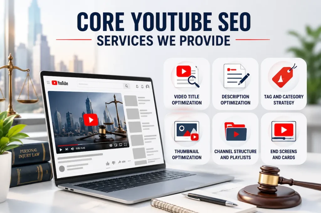 Professional YouTube SEO service dashboard for personal injury lawyers with video optimization icons, legal branding, and content strategy workspace.