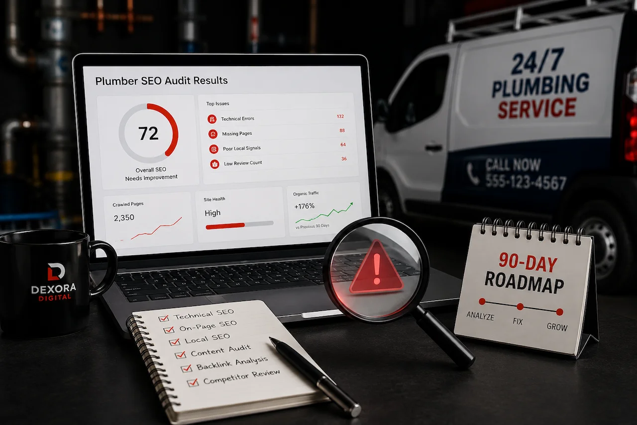 Professional plumber SEO audit dashboard with local SEO analysis, roadmap, and Google Maps optimization strategy.