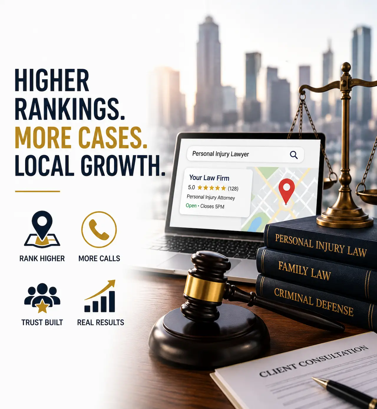 Law firm local SEO strategy showing higher Google Maps rankings, increased legal enquiries, and stronger online visibility.