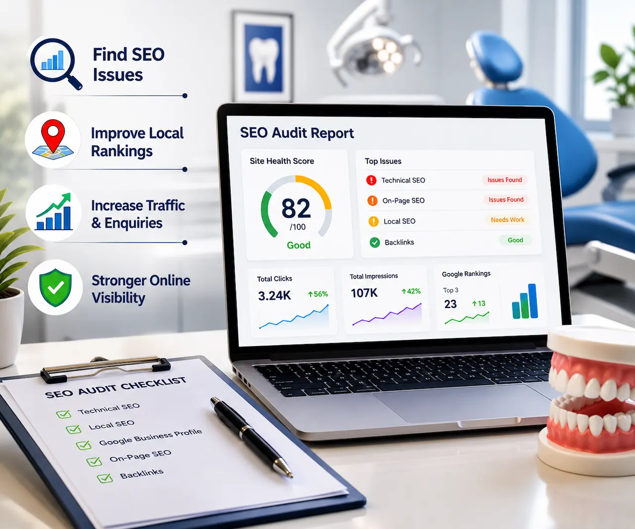 Dental SEO dashboard showing improved Google Maps rankings, local search visibility, and increased patient enquiries.
