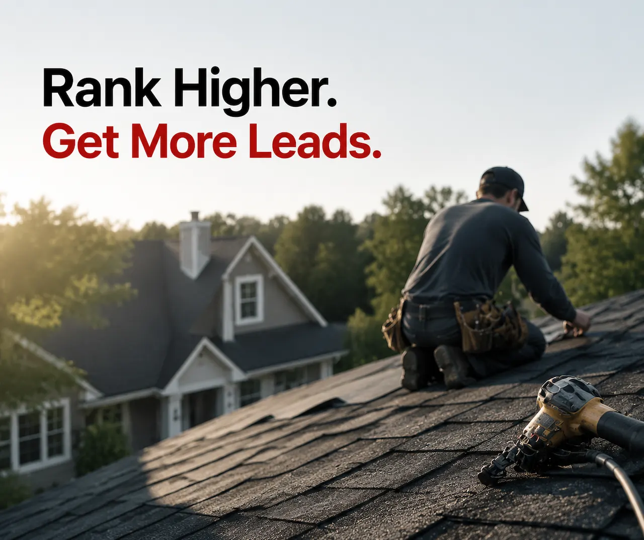Roofer working on a residential roof with Google Maps ranking concept illustrating higher local search visibility and more roofing leads.