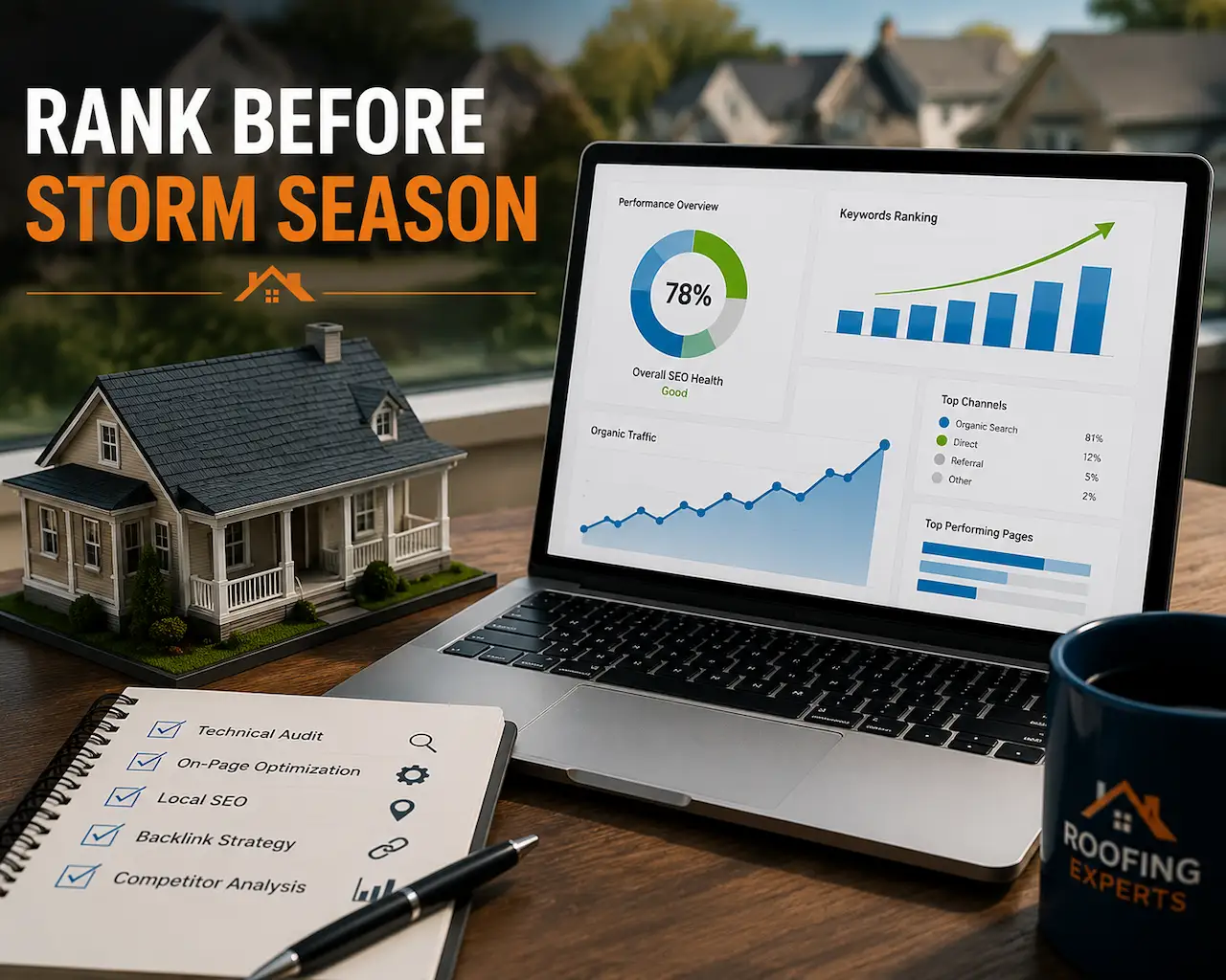 Roofer SEO strategy dashboard showing improved Google Maps visibility, stronger local rankings, and increased roofing lead generation.