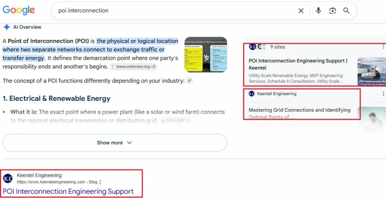 Keentel Engineering ranking position 1 on Google with an AI Overview citation for POI interconnection engineering support