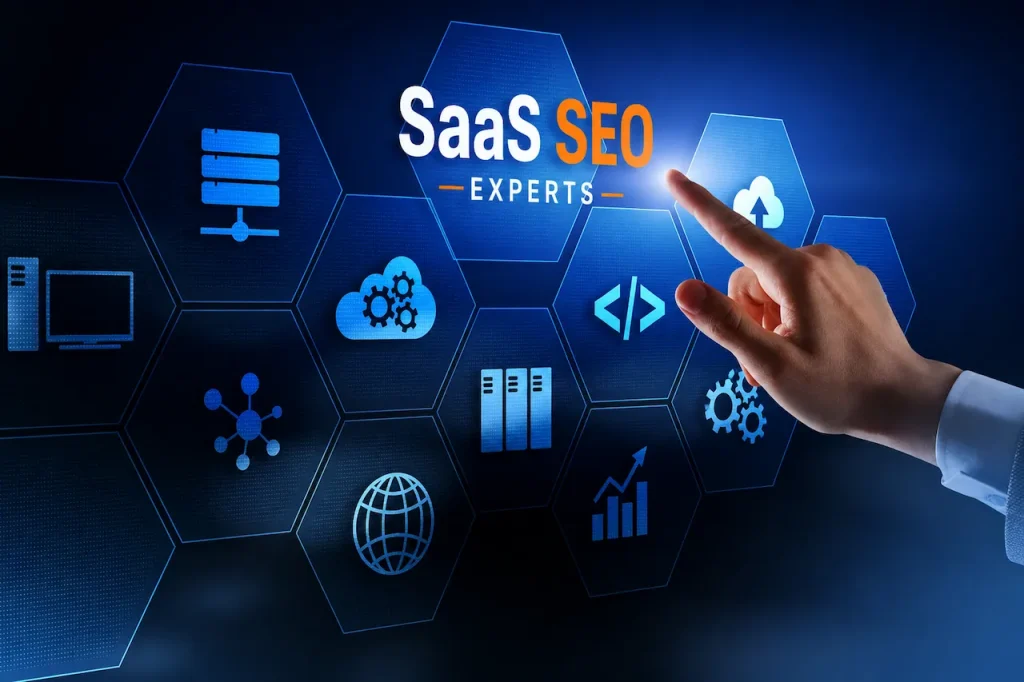 SaaS SEO agency expert optimizing cloud software search rankings with digital analytics dashboard and modern technology interface.