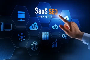 SaaS SEO agency expert optimizing cloud software search rankings with digital analytics dashboard and modern technology interface.